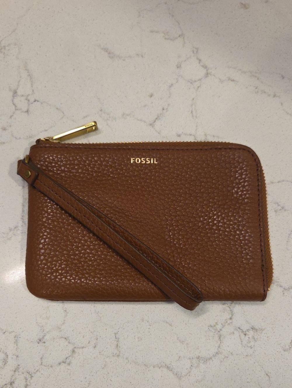 Fossil Brown Pebbled Leather Wristlet Clutch with Gold Accents